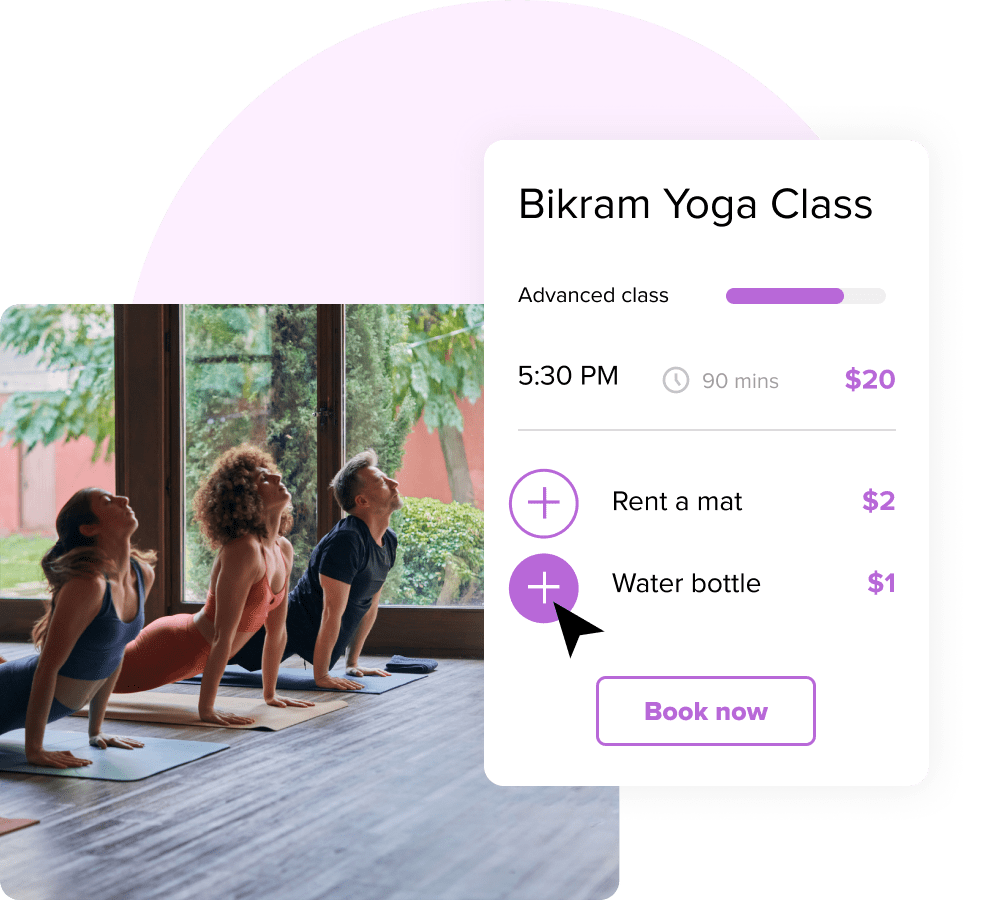 An interface showing a Bikram yoga class being booked alongside a photo of people doing yoga.
