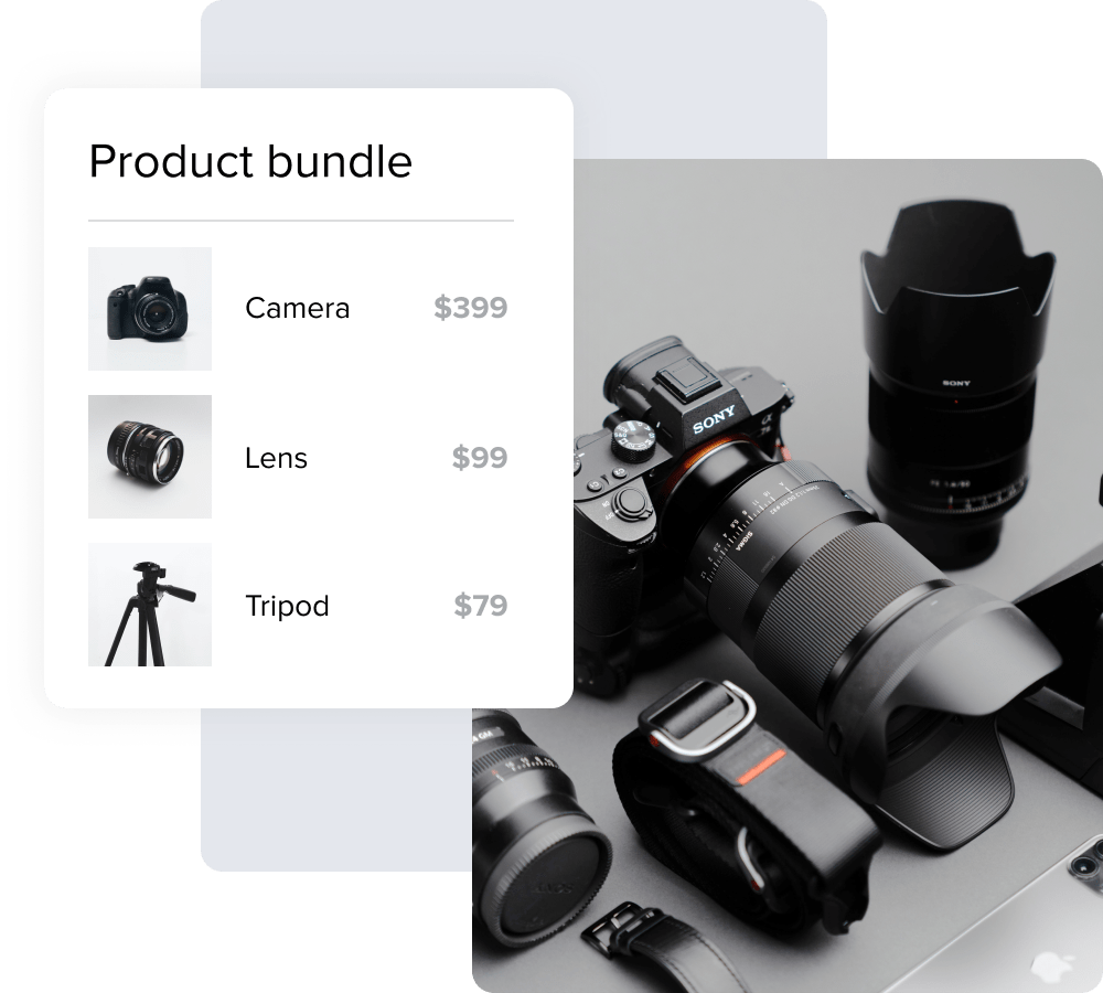 An image displaying a product bundle featuring a camera, lens, and tripod next to a photo of these items.