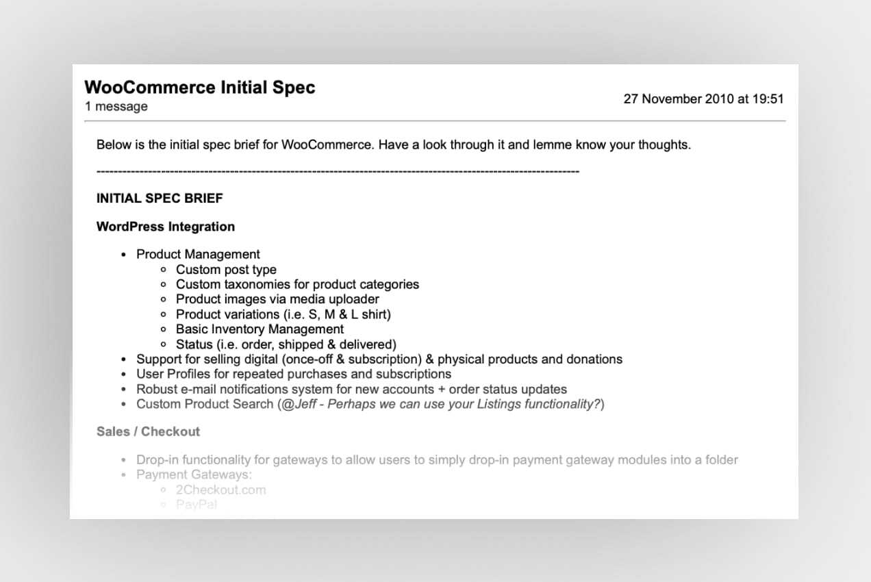 Excerpt from an email sent in 2010 containing the initial spec for WooCommerce 