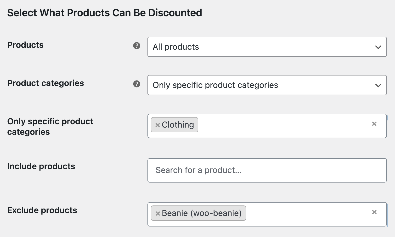 Settings for restricting the applicable products to the progressive discount