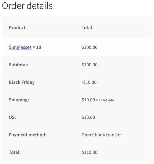 Order details with a progressive discount applied