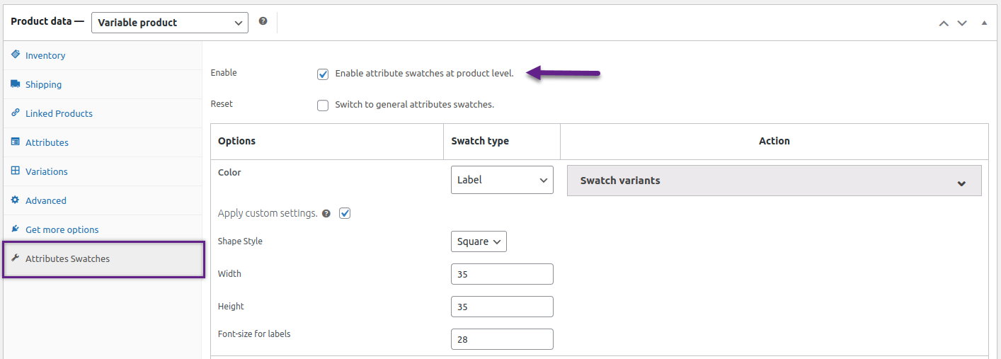 WooCommerce variation swatches product settings