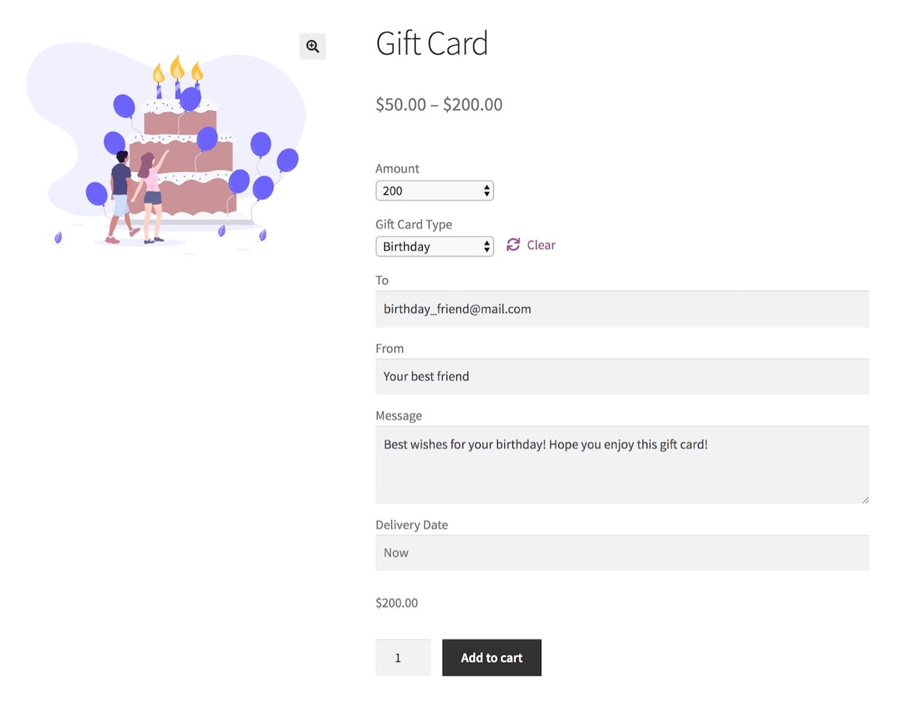 gift card product page with options to add a message