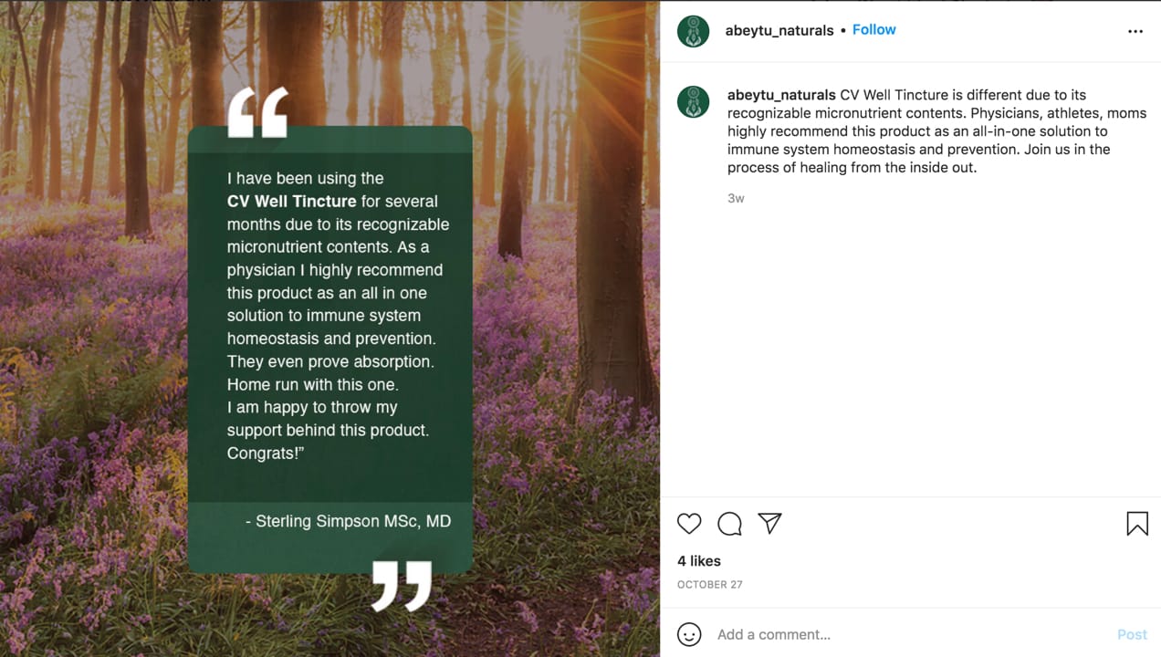 Abeytu Naturals Instagram post feaeturing a review