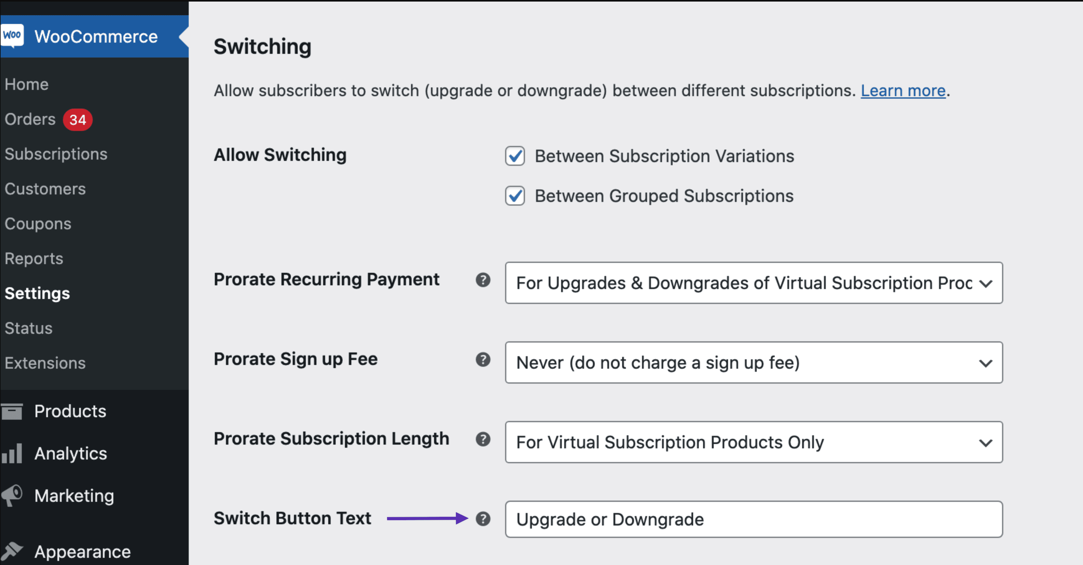 Subscriptions Switching Button Text