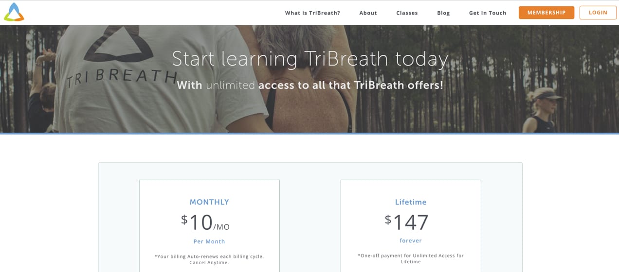 TriBreath page describing subscription