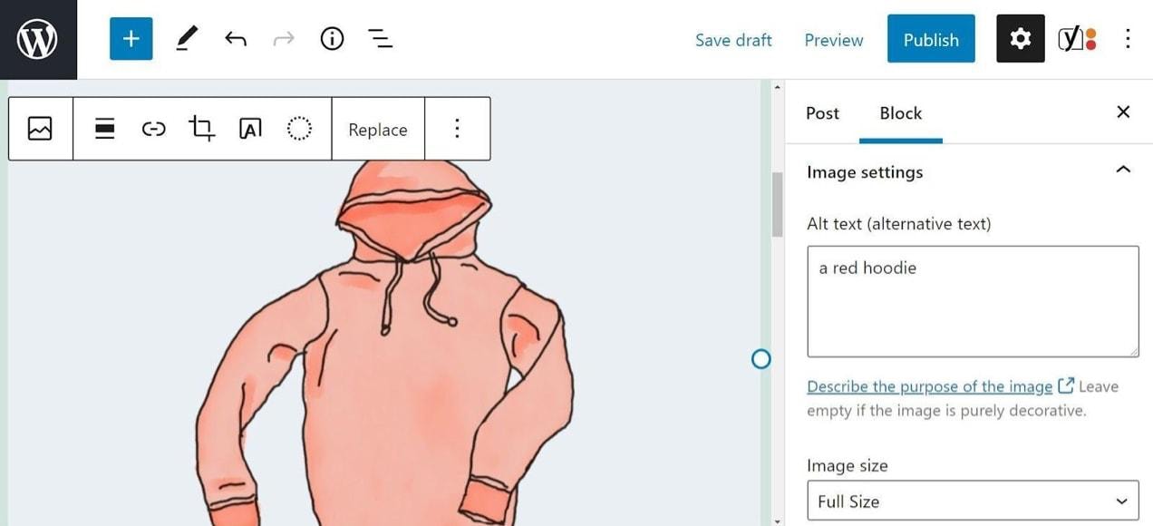 screenshot showing how to add alt text to an image when you upload or embed it in the WordPress editor