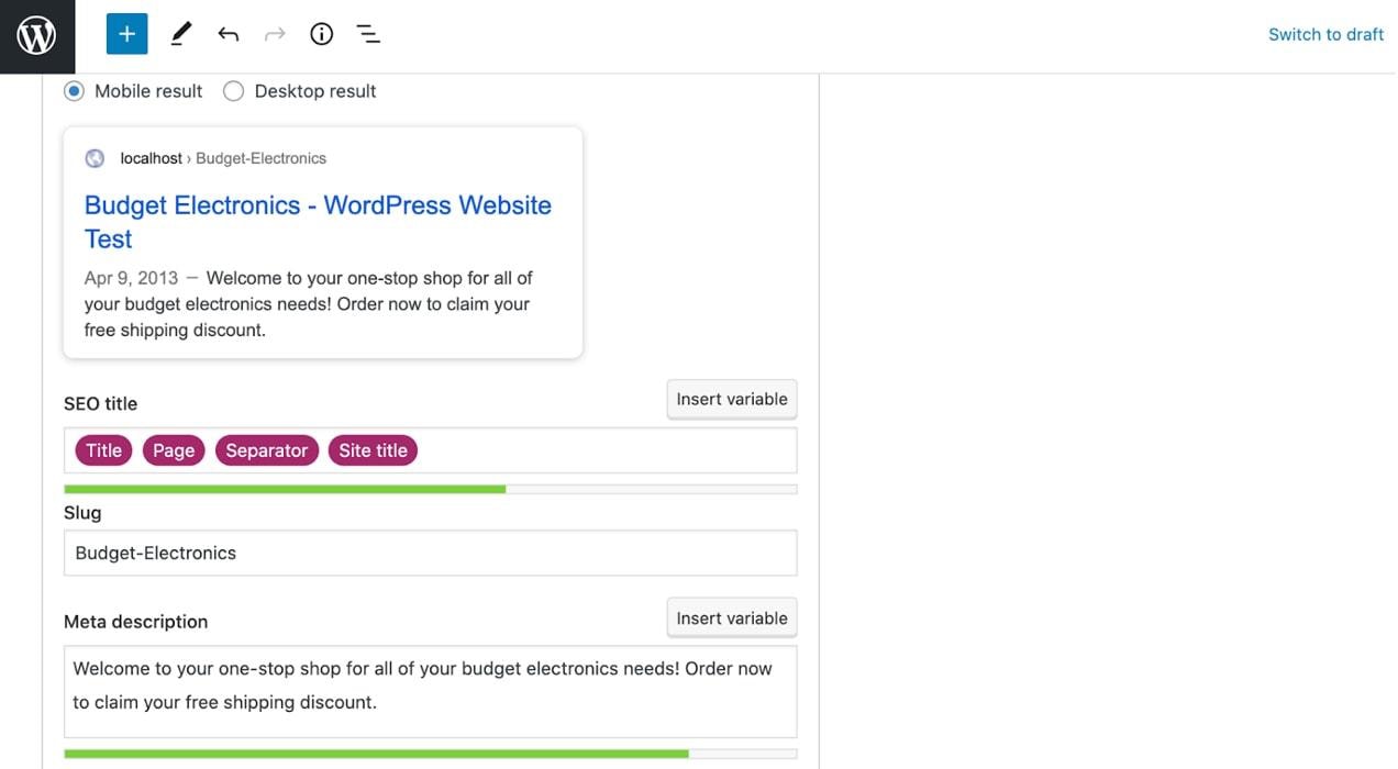 screenshot showing Yoast SEO and where to include meta tags such as the seo title, url slug, and meta description