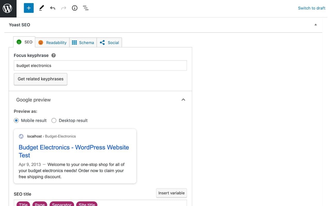 screenshot showing how Yoast SEO plugin looks within WordPress and its four tabs for seo, readability, schema, and social