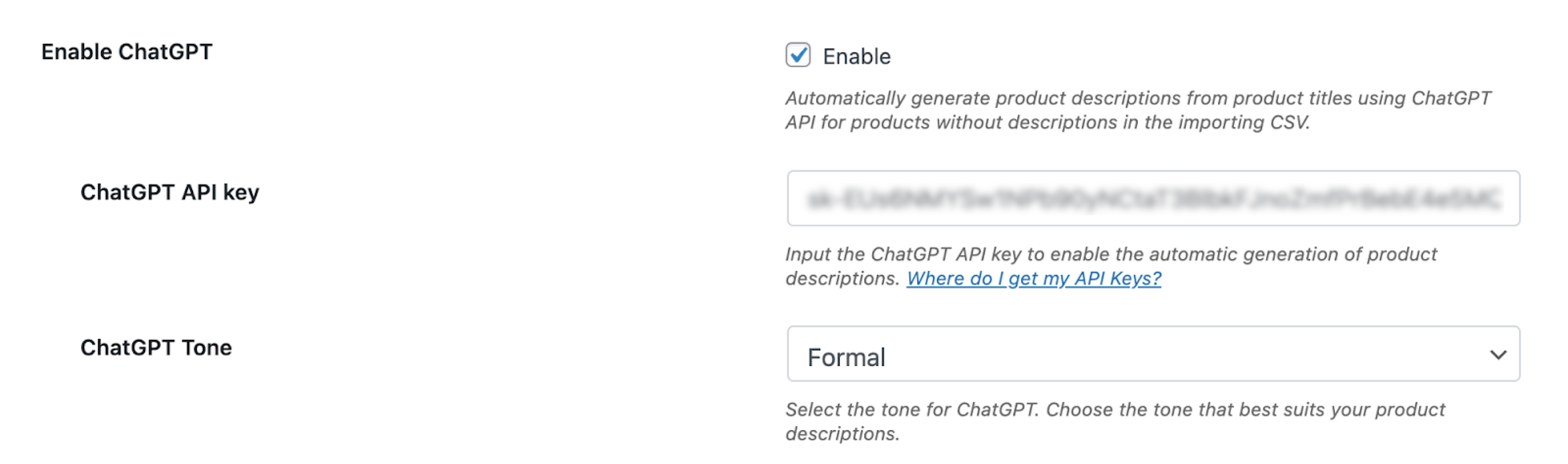Setting to add ChatGPT credentials to create product descriptions while importing for products without descriptions.