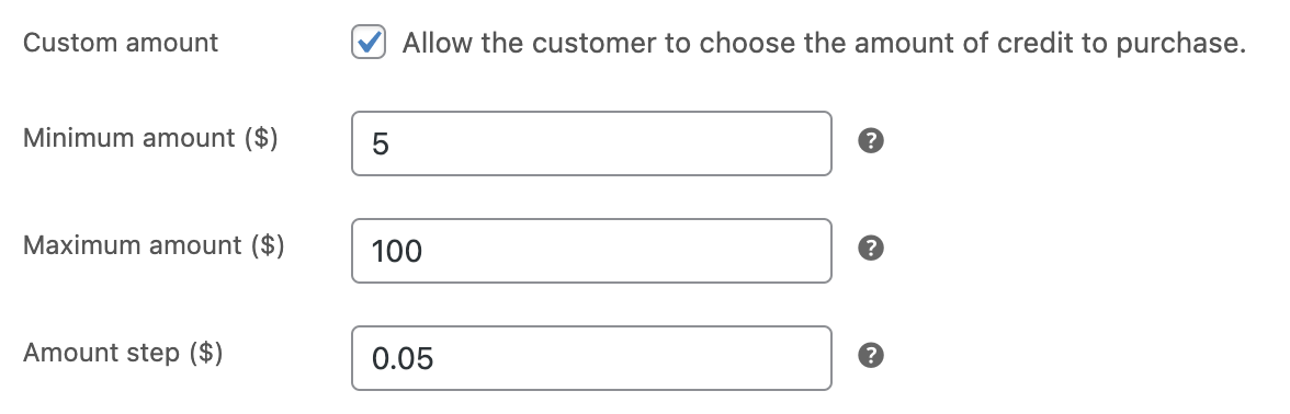 Options for entering a custom credit amount in a Store Credit product