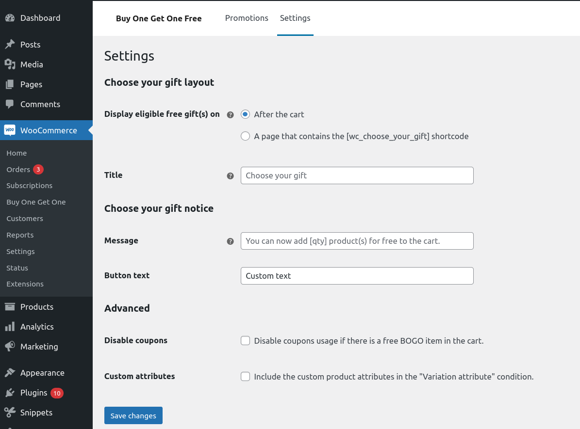 Buy One Get One Free for WooCommerce plugin settings
