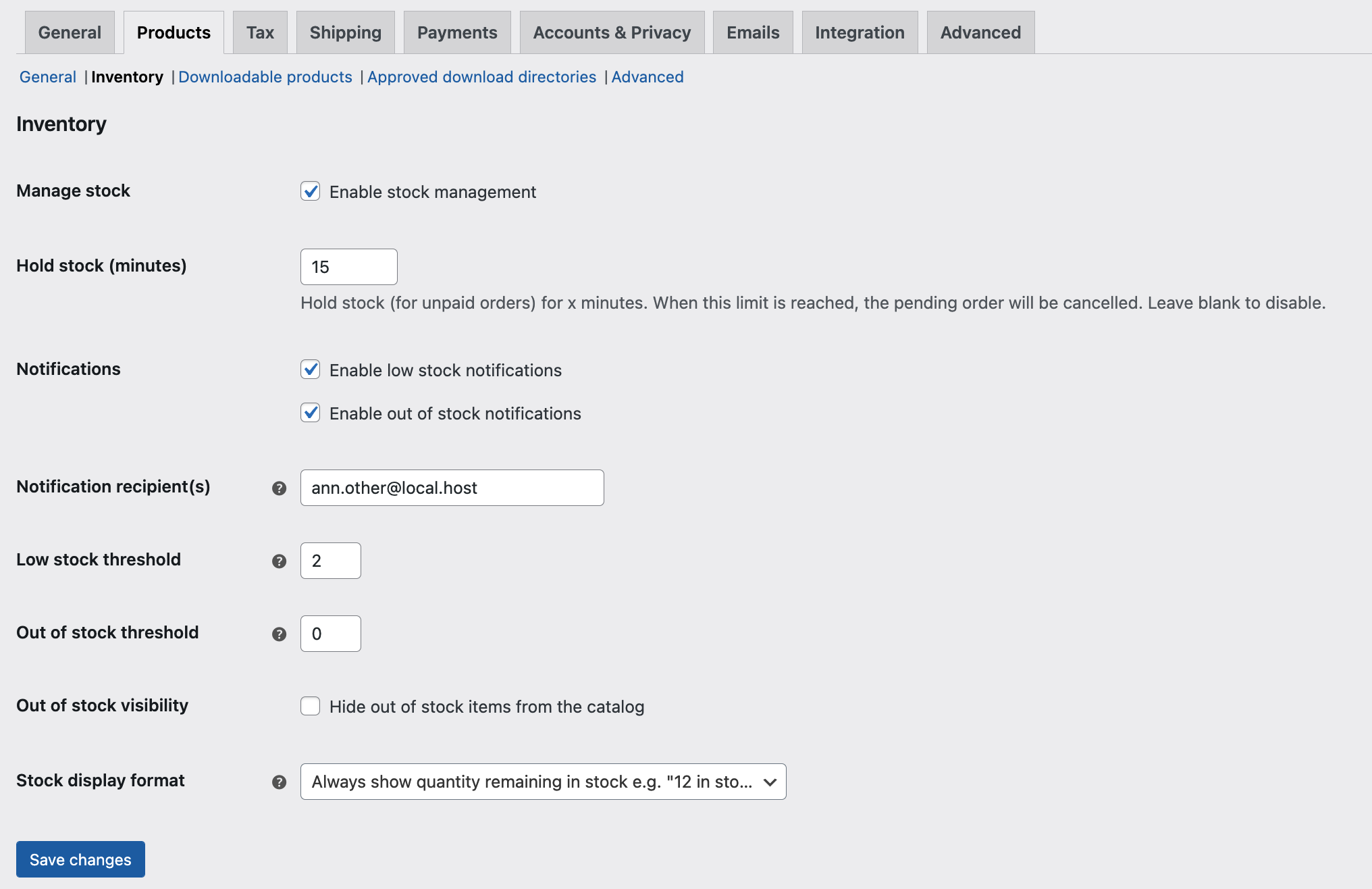 A view of the settings under WooCommerce > Settings > Products > Inventory