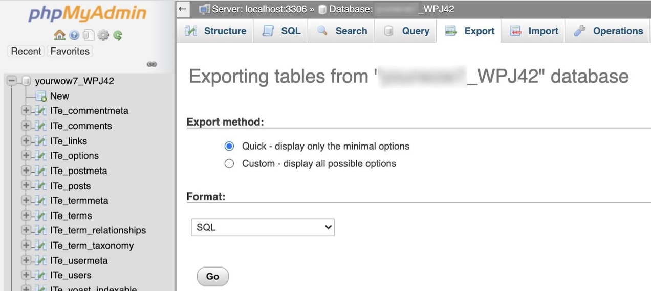 exporting database tables