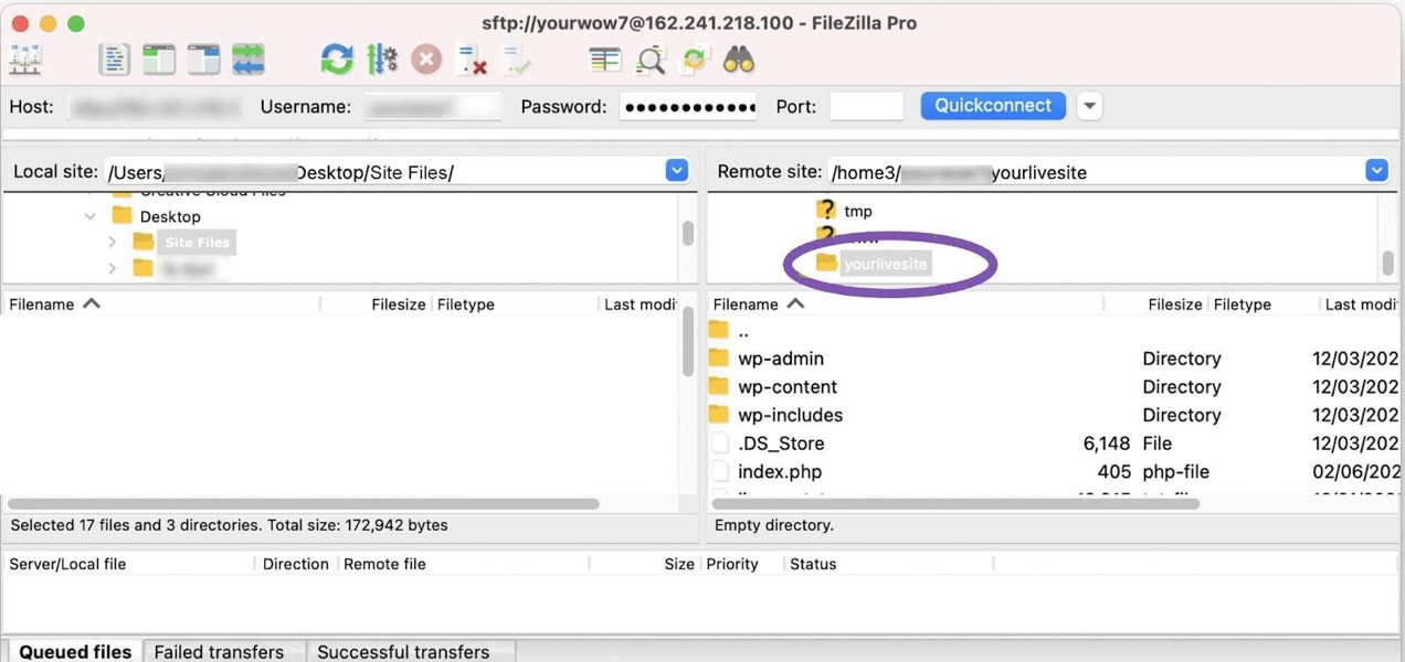 site files as shown in filezilla