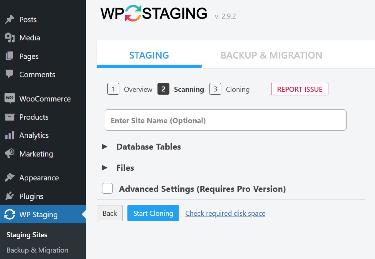 creating a staging site with WP Staging