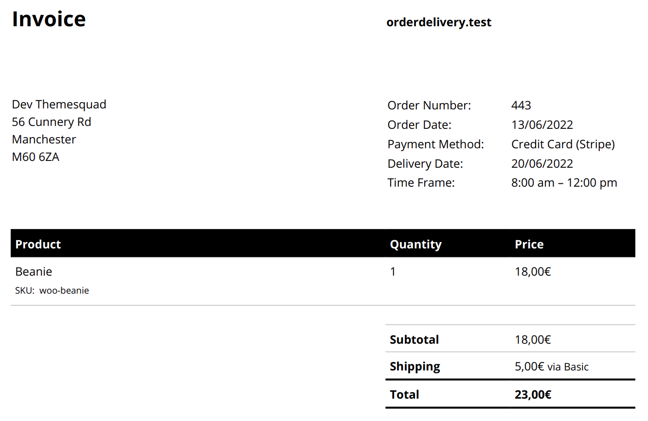 Order Delivery details included in an invoice created by the plugin WooCommerce PDF invoices & Packing Slips
