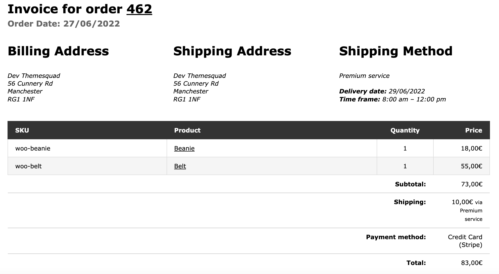 Order Delivery details included in an invoice created by the plugin WooCommerce Print Invoices & Packing Lists