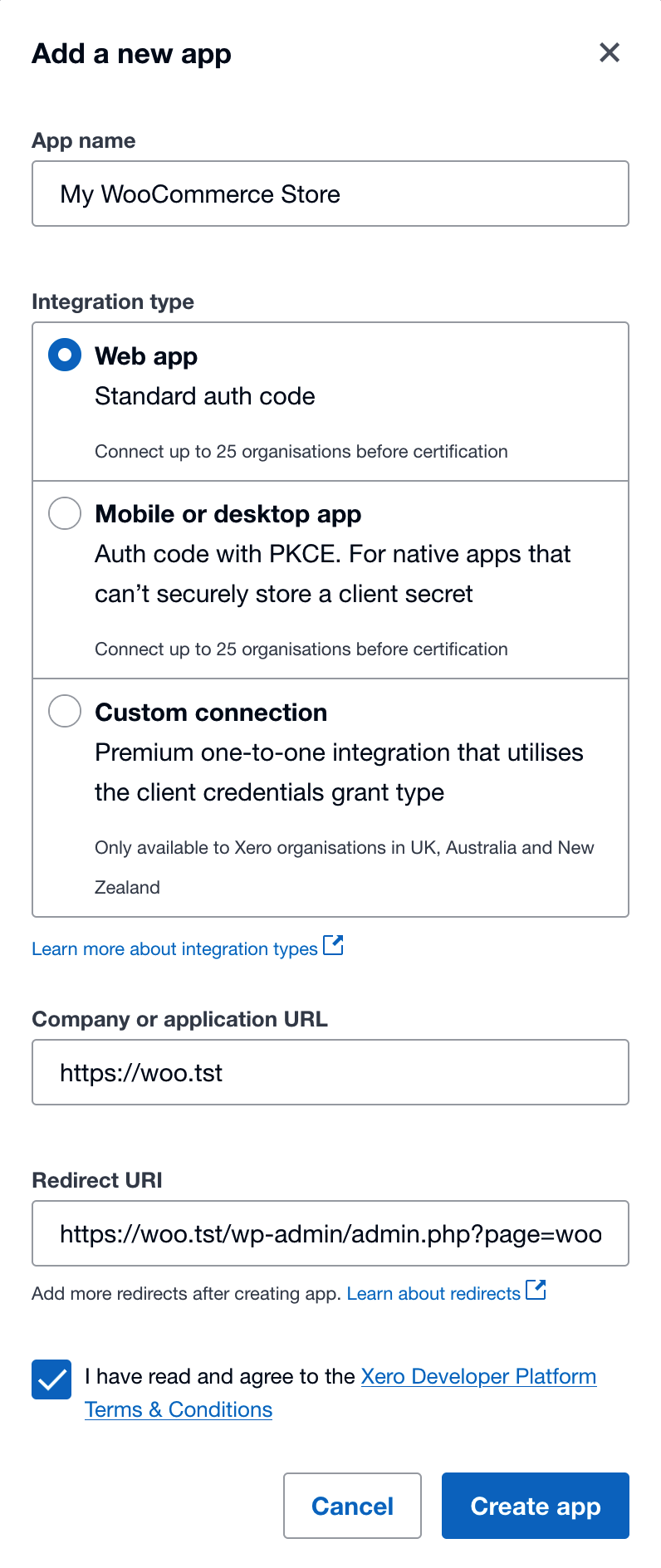 Clicking the New App button offers the following modal with fields to populate relative to your app. 