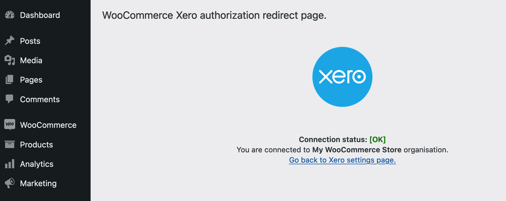 After clicking connect you will be taken back to the WooCommerce Xero page that will confirm the status of the connection.
