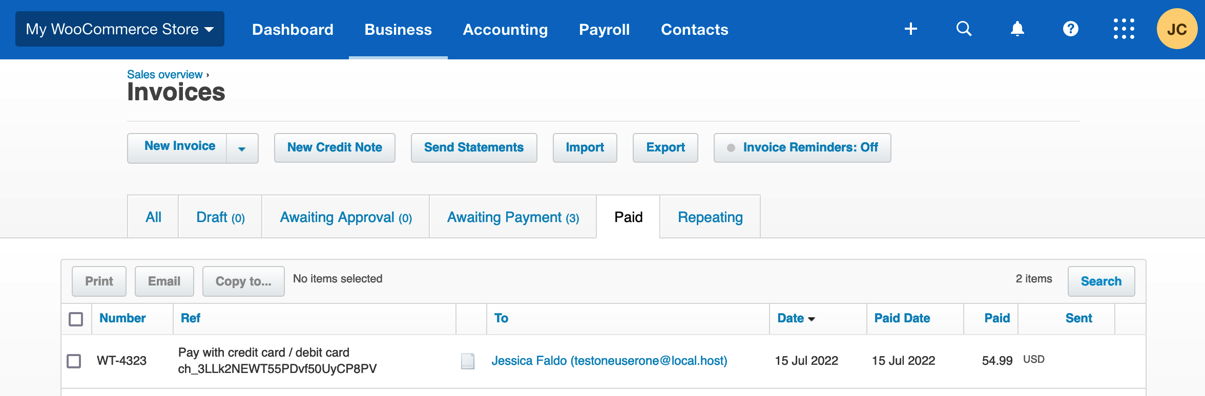 An example Xero invoice with payment. 