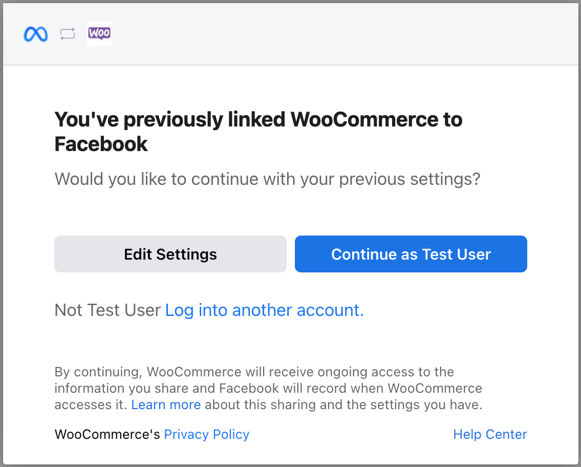 Click on “Continue as …” to log in with Facebook and connect to your store.