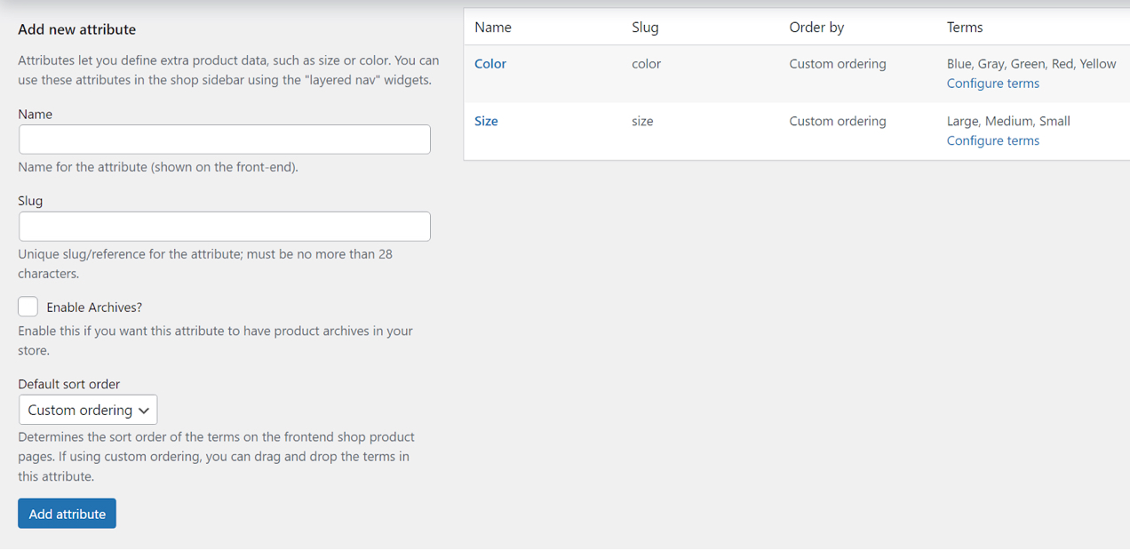 adding an attribute in WooCommerce
