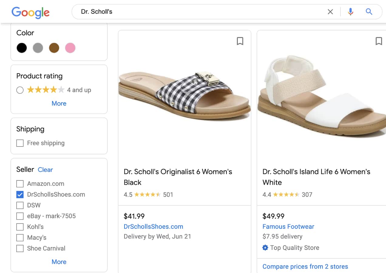 Dr. Scholl's product listings in Google