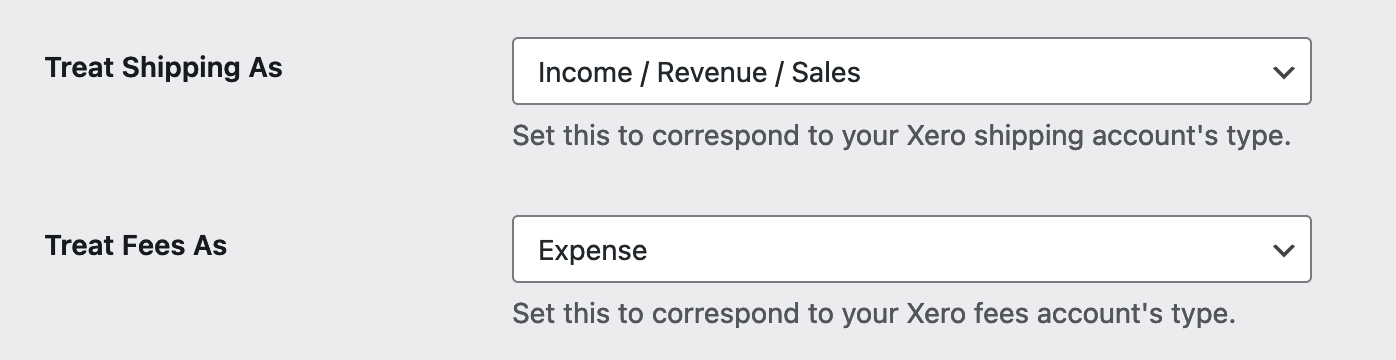 Treat Shipping As and Treat Fees as much match the account type as specified in Xero's Chart of Accounts.