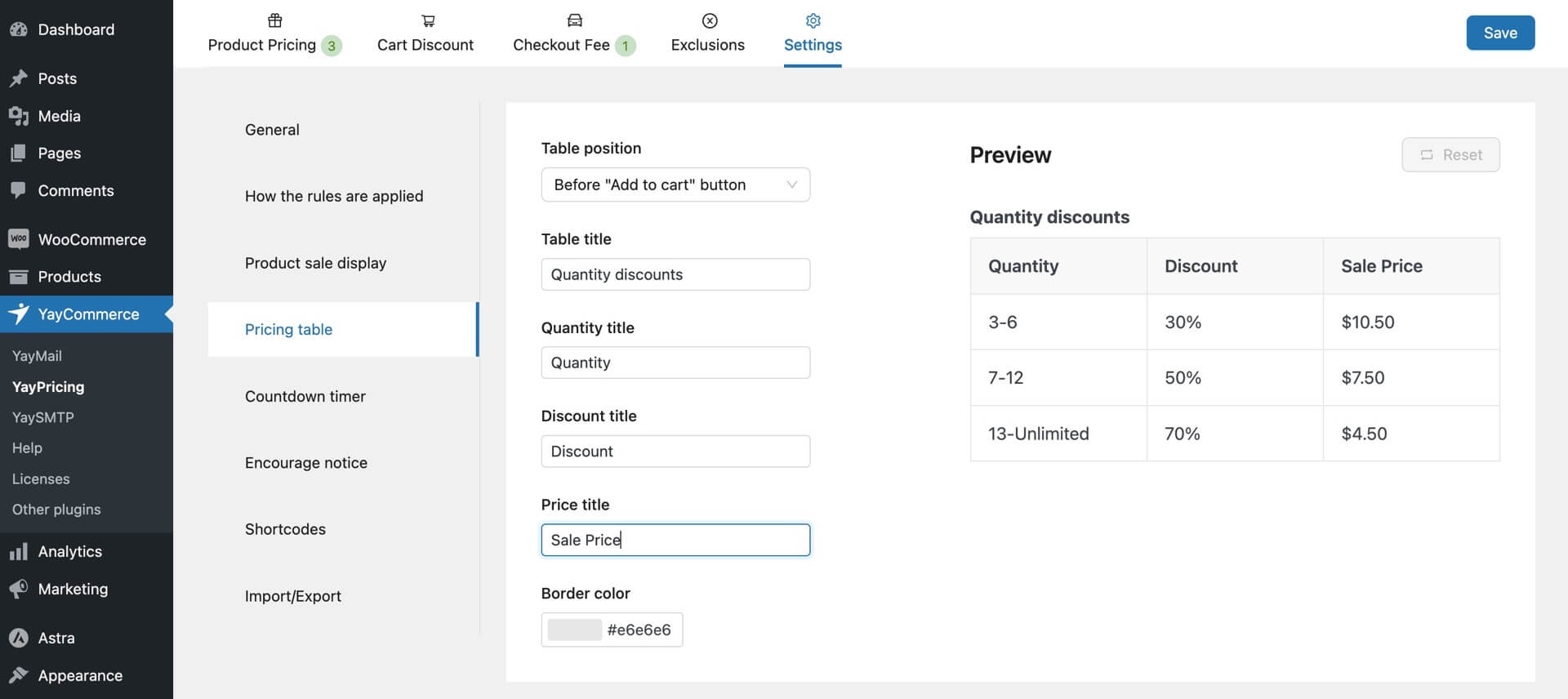 Pricing table settings with editable text and table headings