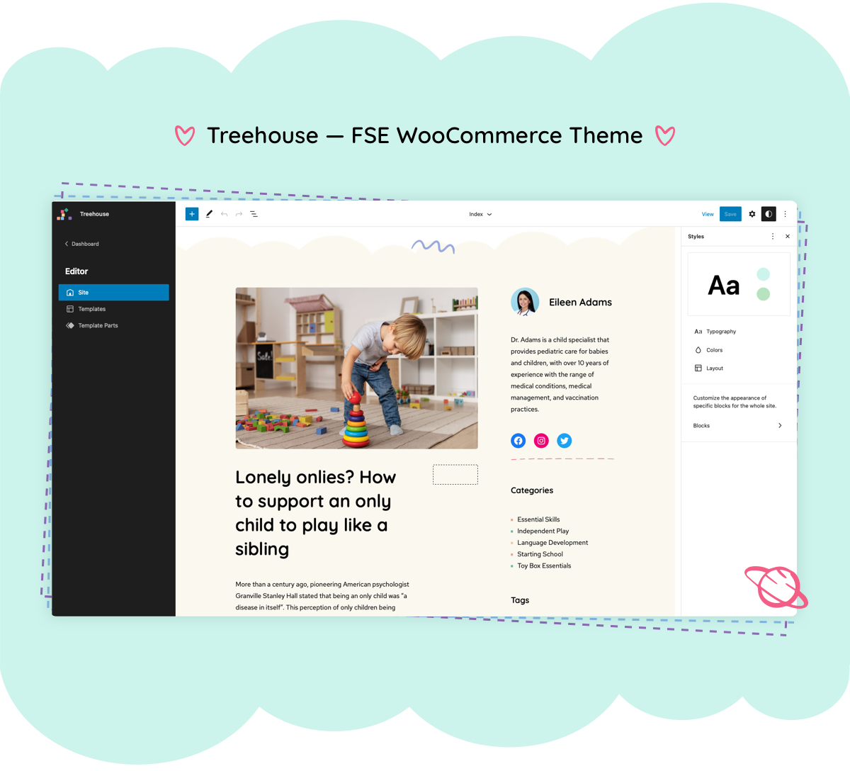 Treehouse Toys and Games: tema de WooCommerce con edición completa del sitio