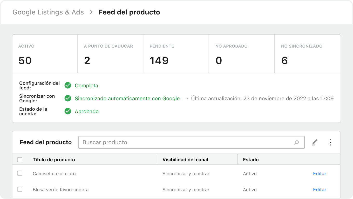 Mostrar el feed de productos en la integración de Google Listings y Ads