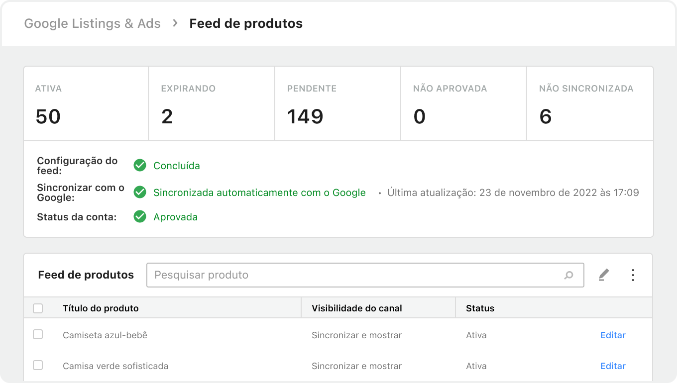 Mostrando a alimentação de produtos no Google Listings e integração de anúncios