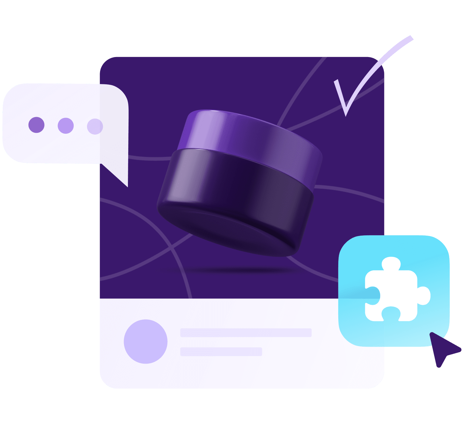Illustration with cosmetic jar, chat interface, and a plugin icon