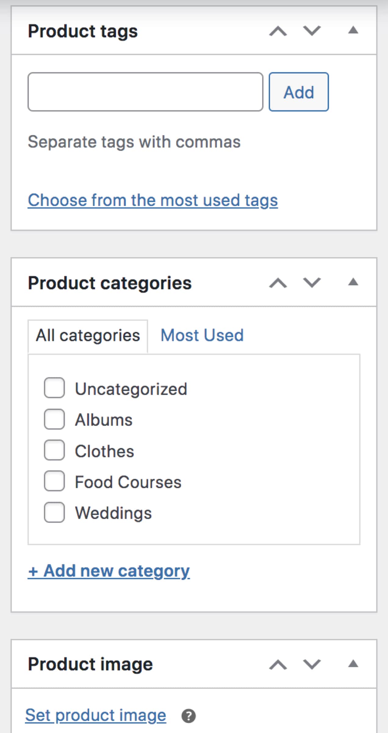 category and tag options in WooCommerce