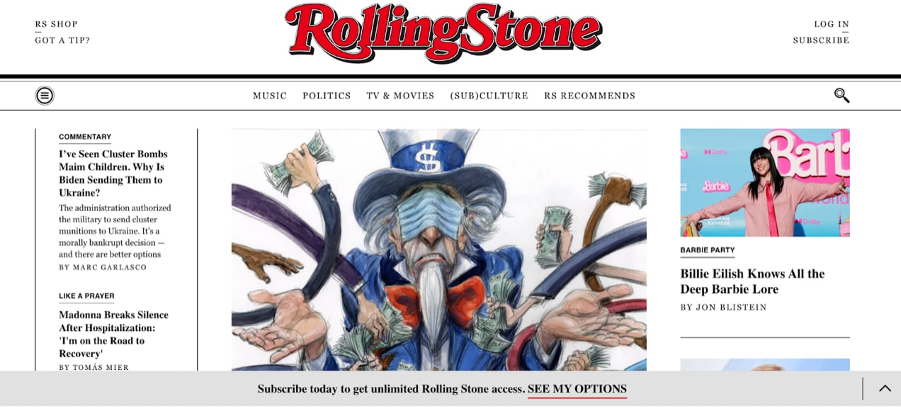 RollingStone homepage showing recent articles