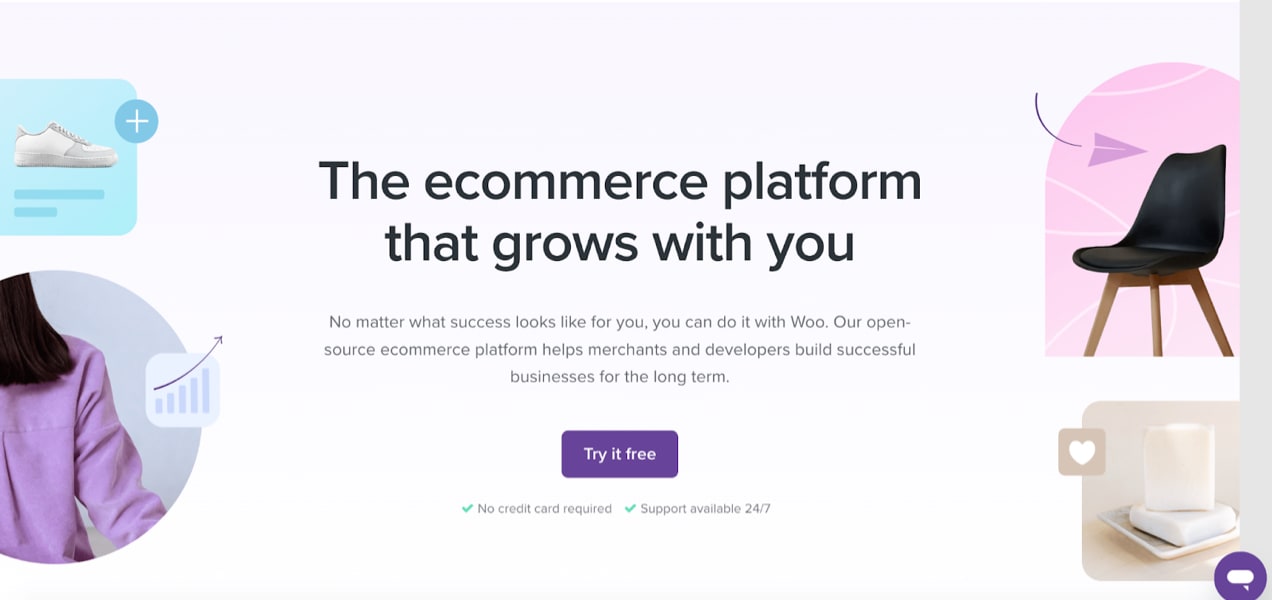 WooCommerce homepage with the text, "the ecommerce platform that grows with you"