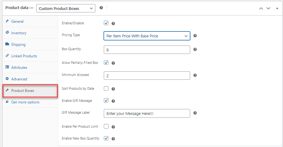 Custom Product Boxes Product Settings