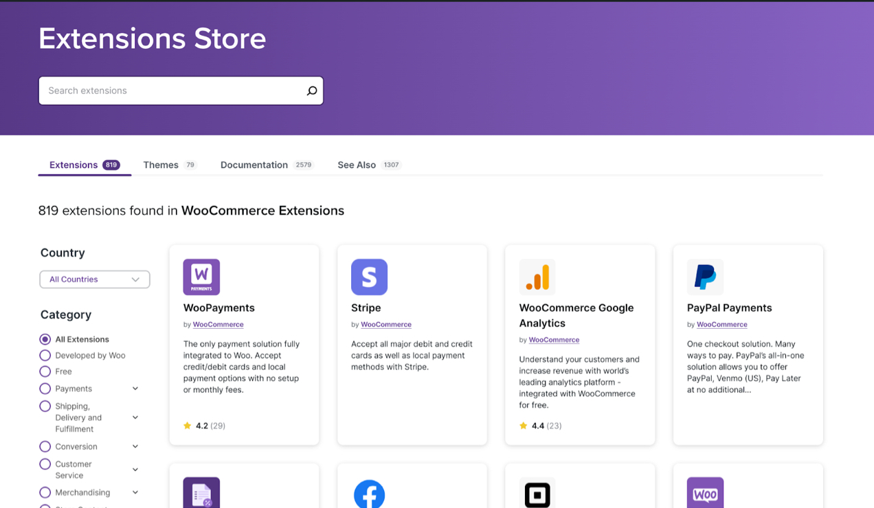 grid of extensions from WooCommerce