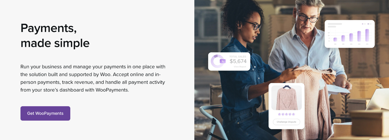 WooPayments website with the text "payments, made simple"