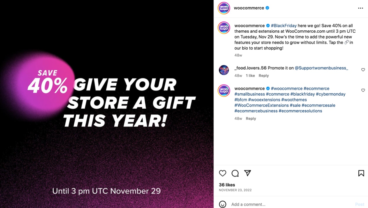 WooCommerce Black Friday Instagram post with a 40% off sale