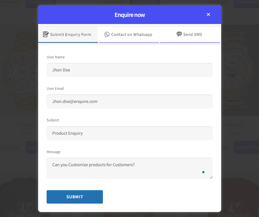Display Woocommerce product enquiry form in pop up