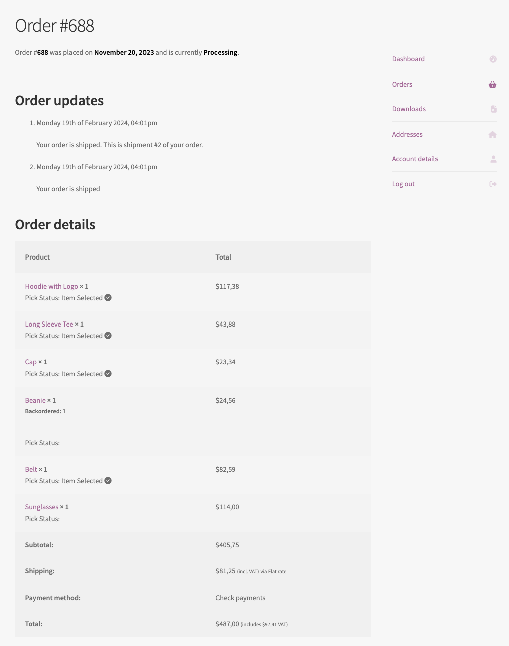 Pick List for WooCommerce - my account - order