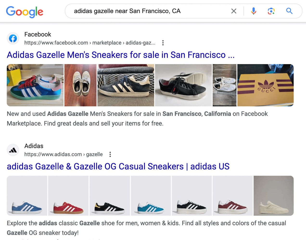 search for adidas gazelle shoes on Google