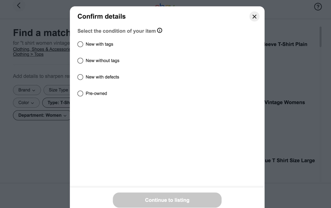 confirm details screen on eBay