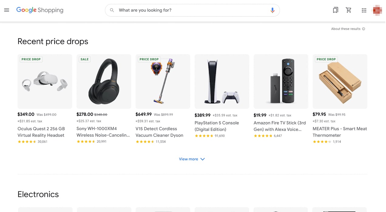 Google Shopping page with a grid of recent price drops
