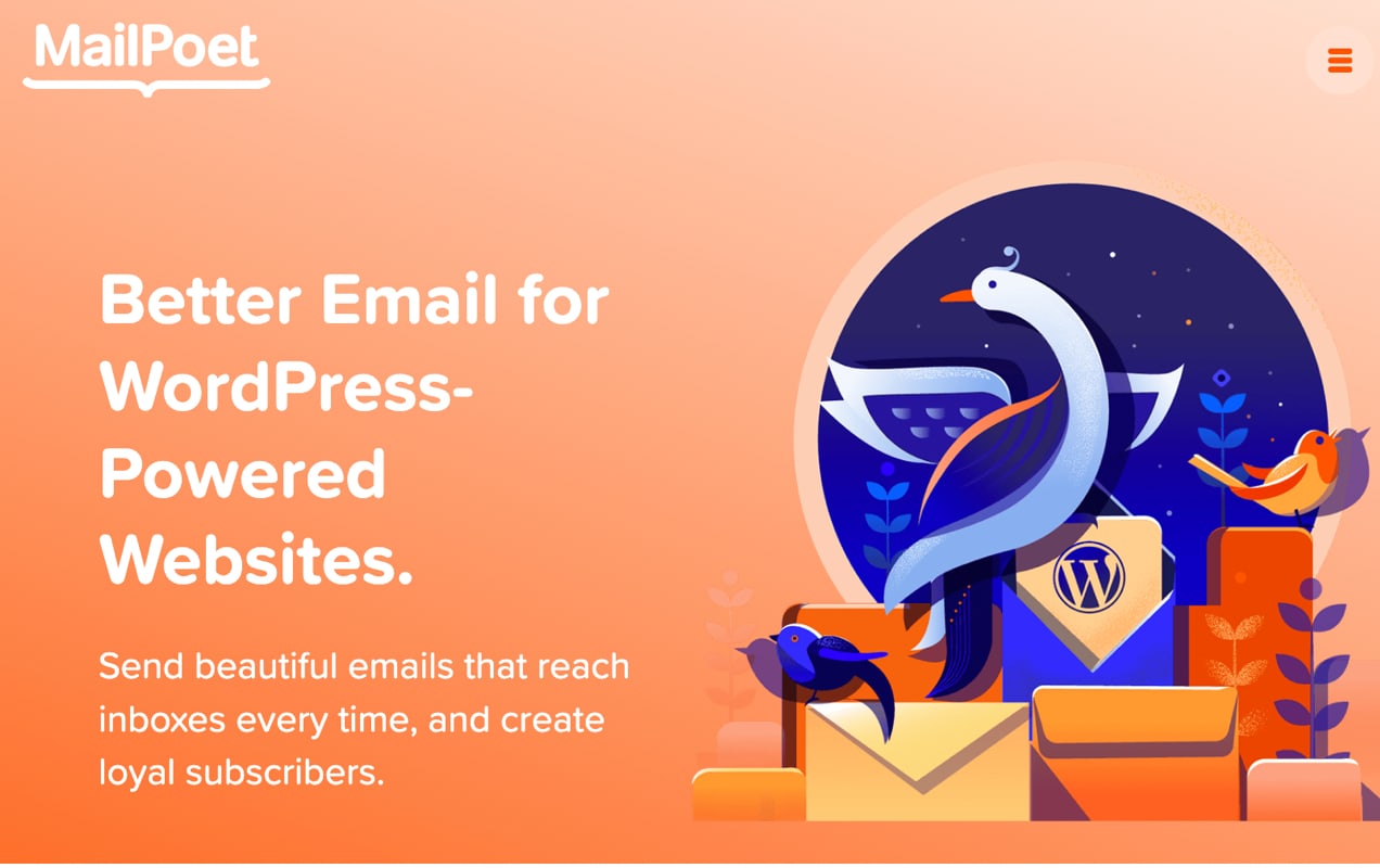MailPoet homepage with the text "better email for WordPress-powered websites"