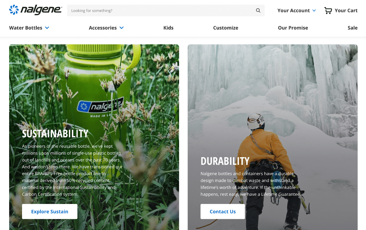 Nalgene homepage with clear imagery and branding