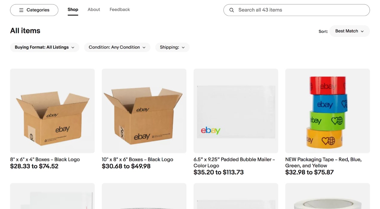 packaging materials available with eBay