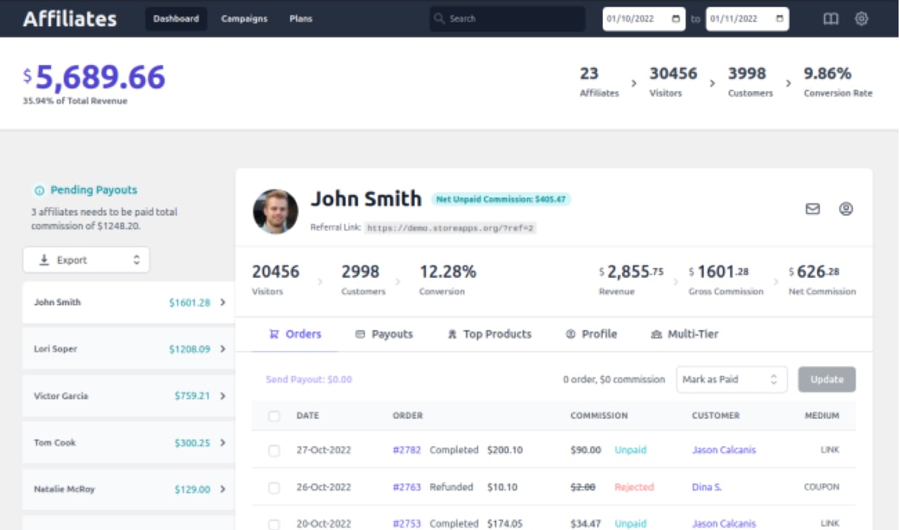 dashboard with affiliate information